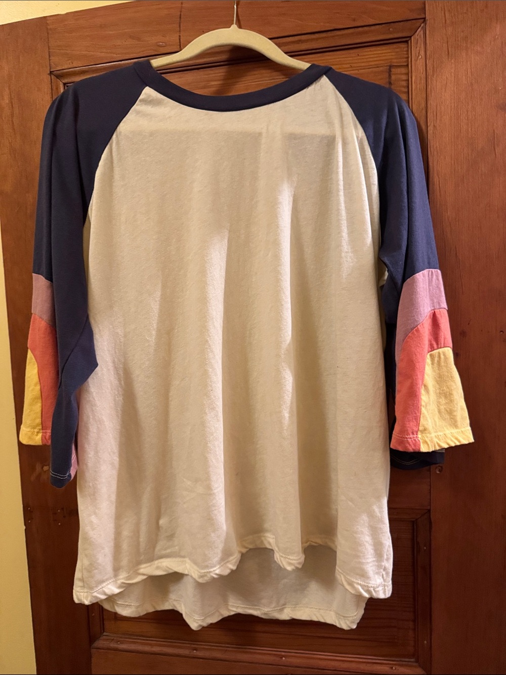 Casual Colorblock Raglan Tee in Cream and Navy with Pink & Yellow Accents
